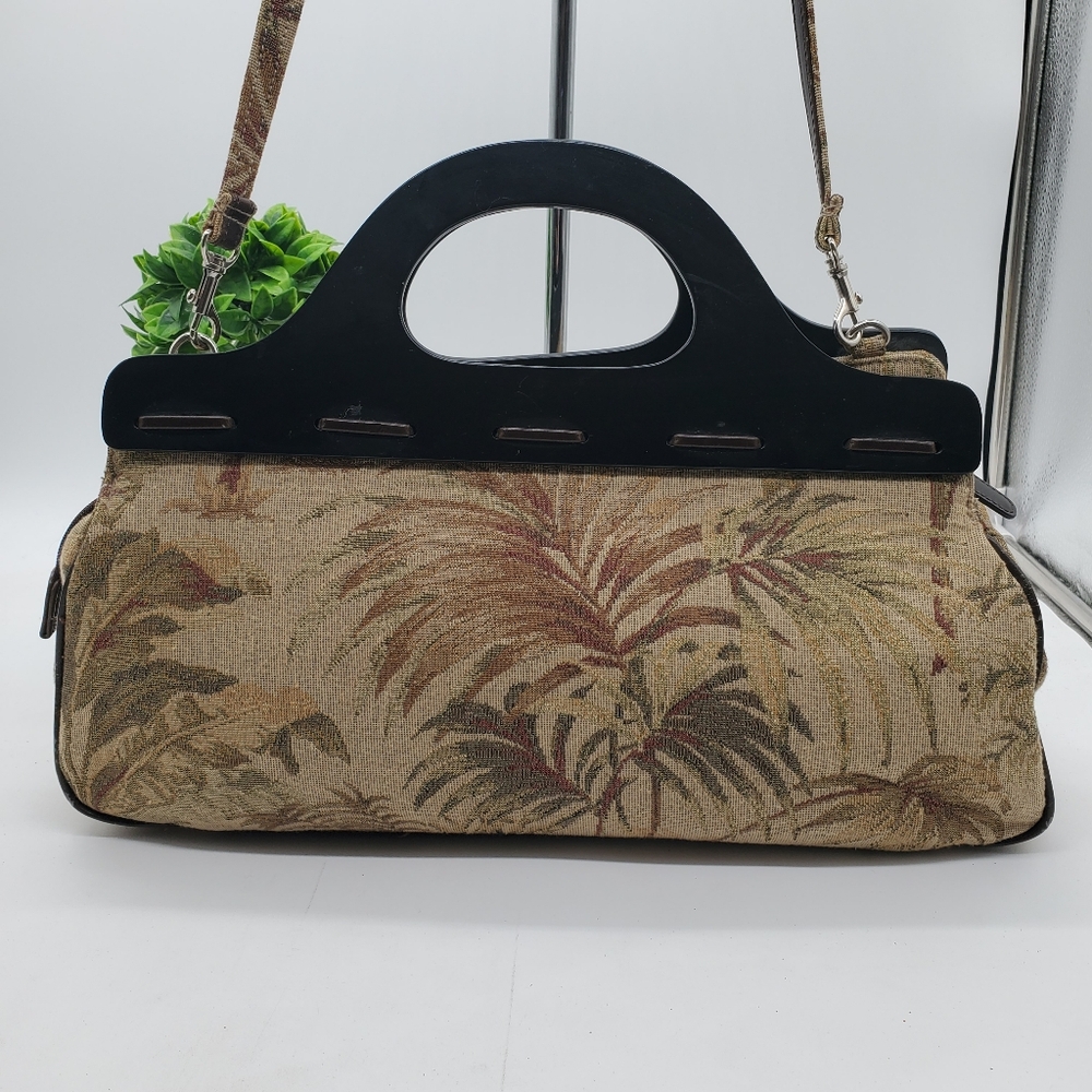 ☆☆ Sag Harbor Tropical Print Woven Satchel Handbag with Wood Handle 7"H x 16"W